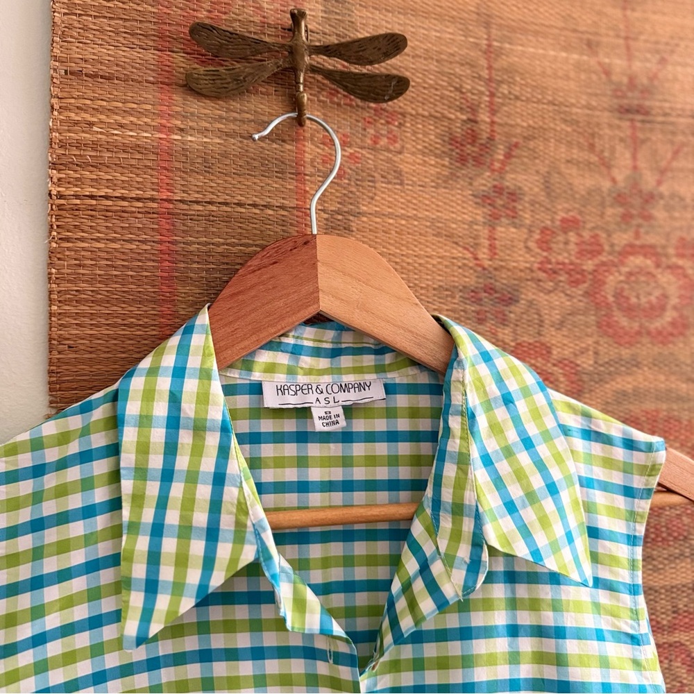 Vintage Silk Gingham Checkered Plaid Sleeveless Button Down Blouse size 8 - Picture 2 of 4